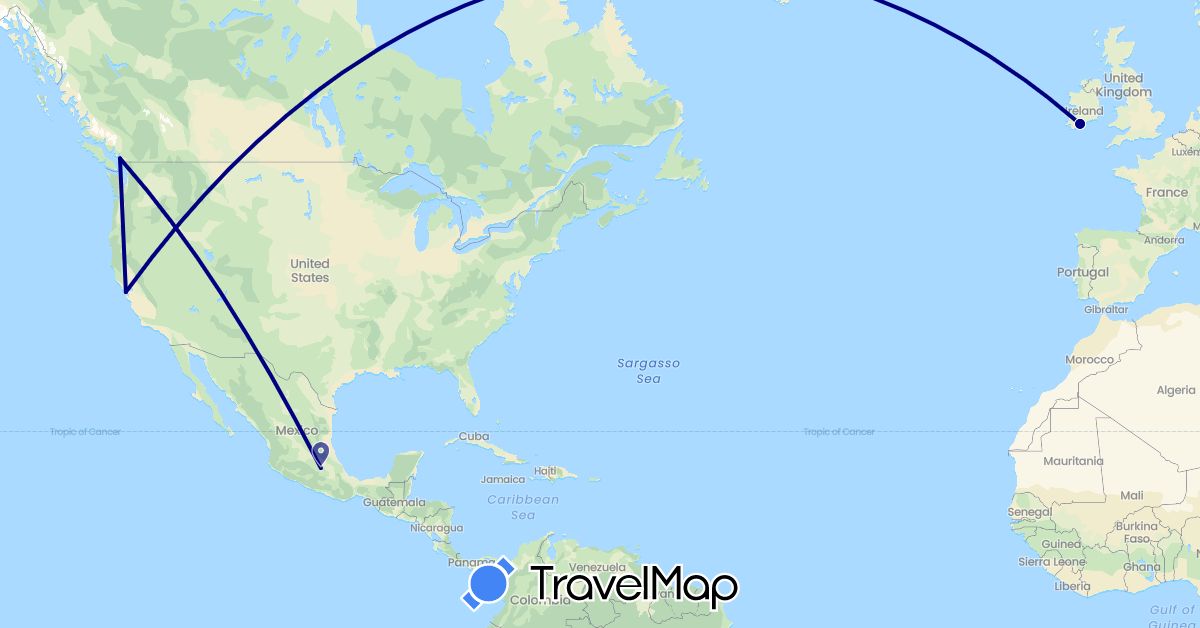 TravelMap itinerary: driving in Canada, Ireland, Mexico, United States (Europe, North America)